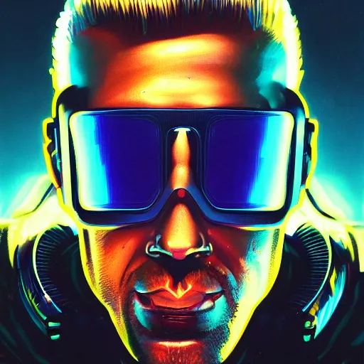 Image similar to a portrait of cyberpunk Duke Nukem wearing reflective surface mirror surface shades mirrorshades, Night City, cyberpunk 2077, neon megacity in the background, angry and bored, illustration, soft lighting, soft details, painting oil on canvas by mark arian by artgerm, trending on artstation, 4k, 8k, HD