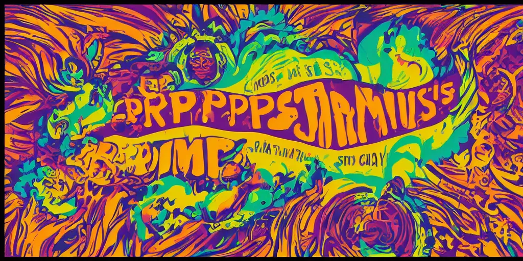 Prompt: a psychedelic campaign poster for hippies that reads BOMIS PRENDIN, concept art