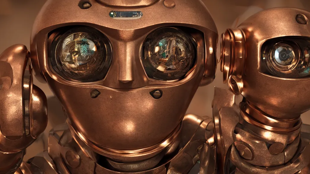 Prompt: portrait of a robot from the 17th century, made of copper, brass, iron, wood, glass lenses, VFX render