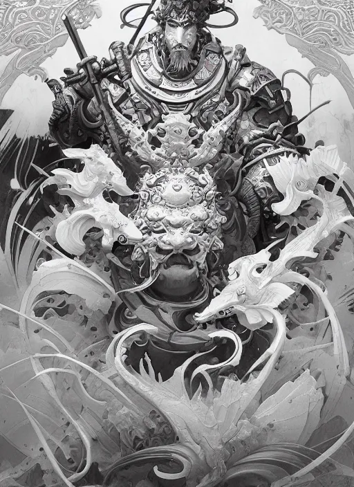 Image similar to subsurface scattering, white, koi, samurai deity with koi armor, art nouveau swirls, octane render, by jesper ejsing, james jean, justin gerard, tomasz alen kopera, cgsociety and fenghua zhong, highly detailed, rim light, cinematic lighting, art, very coherent, cinematic, hyper realism, high detail, 8 k