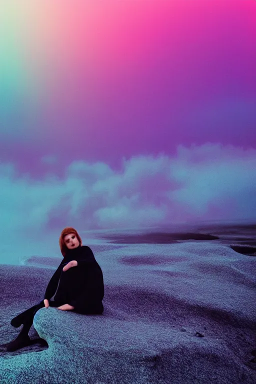 Image similar to high quality pastel coloured film close up wide angle photograph of a model wearing clothing resting on cloud furniture in a icelandic black rock environment in a partially haze filled dreamstate world. three point light, rainbow. photographic production. art directed. pastel colours. volumetric clouds. pastel gradient overlay. waves glitch artefacts. extreme facial clarity. 8 k. filmic.