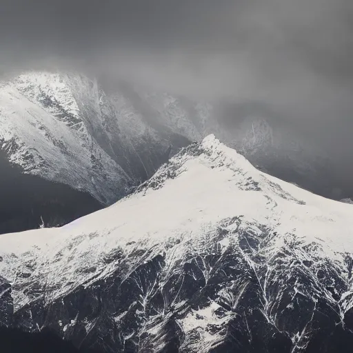 Prompt: misty snowey mountain, glowing letter v embedded in peak, foggfy, cloudy, 8 k, digital art station, professional art, cracked mountain, thunder clouds,