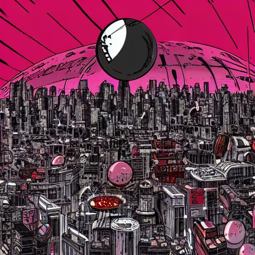 Prompt: adularia, apocalyptic spherical explosion, city, akira art style, pink, red