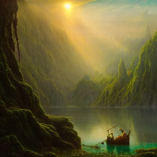 Image similar to a beautiful and highly detailed matte painting of the lost land by a beautiful lake, thick mist, sunlight, celtic, psychedelic, epic scale, insanely complex, hyperdetailed, sharp focus, hyperrealism, artstation, cgsociety, 8 k, bright colors, by caspar friedrich, albert bierstadt, james gurney, brian froud,