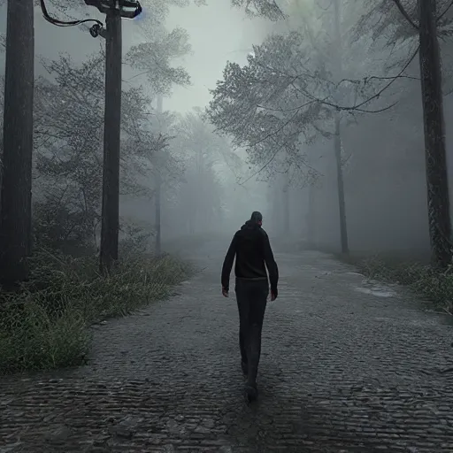 Prompt: walking through silent hill. Unreal Engine. HDR. 8K.