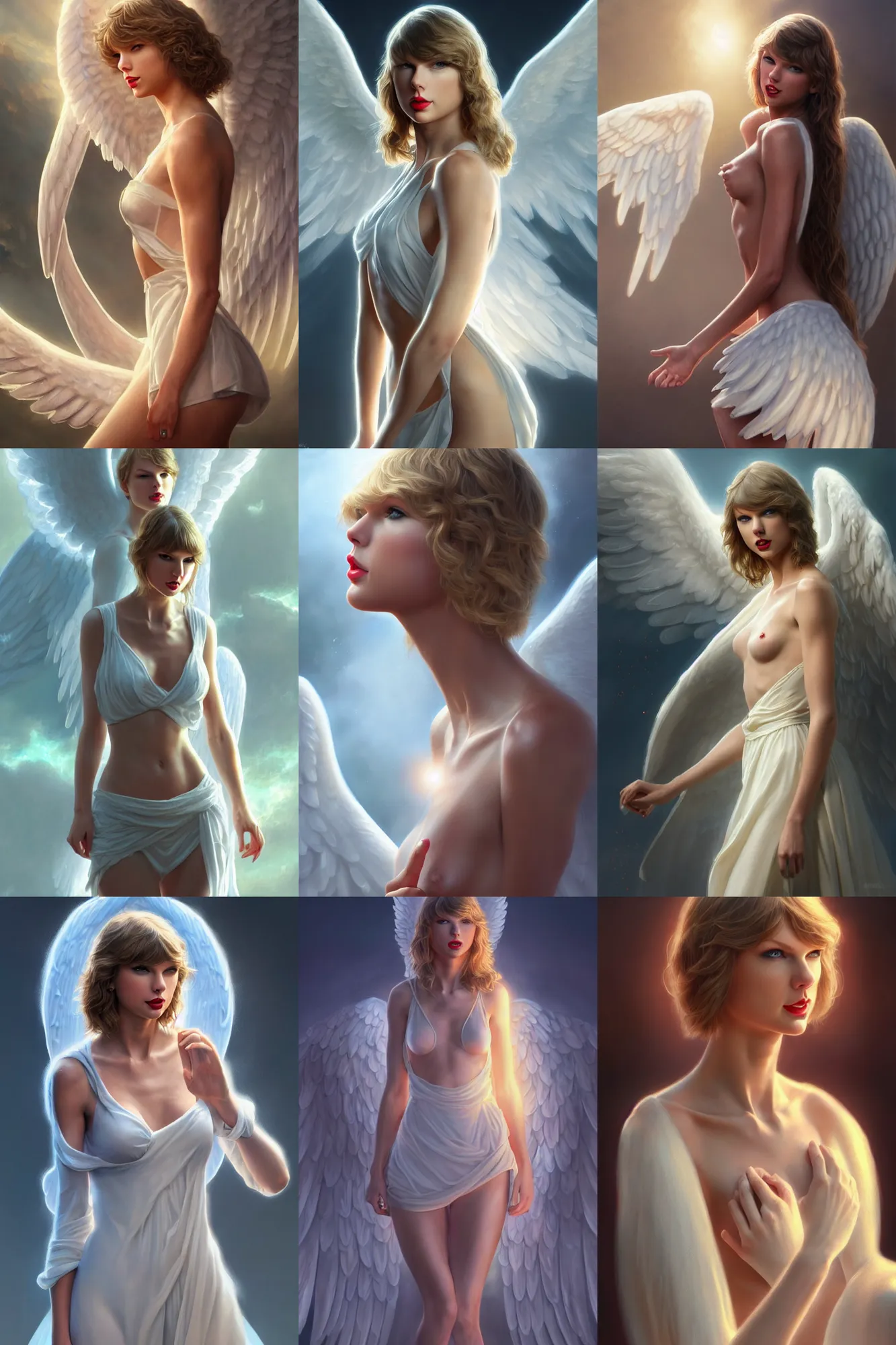 Prompt: taylor swift as a heavenly angel, anatomy, bathed in light, highly detailed, photorealistic, artstation, smooth, sharp focus, illustration, disrobed, unreal engine 5, 8 k, art by artgerm and greg rutkowski and edgar maxence