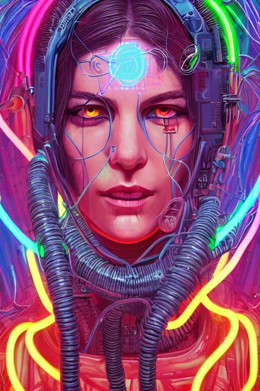 Image similar to stunning highly detailed portrait of a neuromancer Women with long hair with cyber headgear surrounded by wires, neon colors, oil on canvas, strong lighting, by Josan Gonzalez, HD, 4K