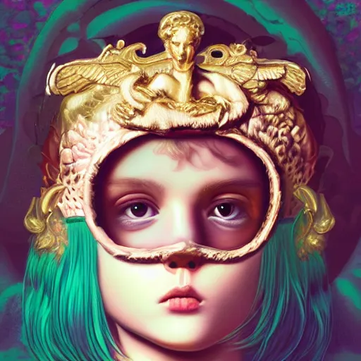 Image similar to Lofi vaporwave portrait baby cherub angel, ski mask, balaclava, face covered, Gucci, Nike, Chanel, multiple gold chains, Pixar style, Tristan Eaton, Stanley Artgerm, Tom Bagshaw