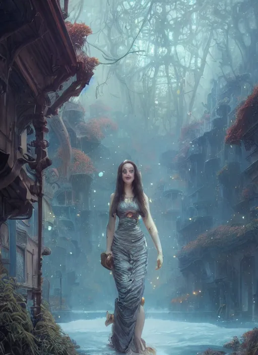 Image similar to Hyper realistic detailed portrait of Kat Dennings, Stephen Bliss, unreal engine, fantasy art by Greg Rutkowski, Loish, Rhads, ferdinand knab, Makoto Shinkai and Lois van baarle, ilya kuvshinov, rossdraws, Tom Bagshaw, alphonse mucha, global illumination, radiant light, detailed and intricate environment, highly detailed, award winning art