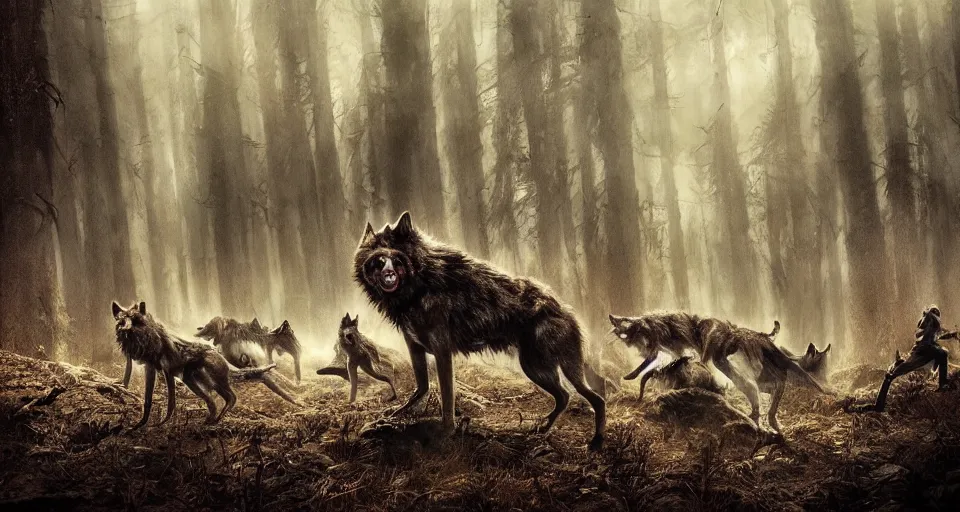 Image similar to an epic action concept masterpiece of a rabid wolfpack, in a forest made of nightmares, horrific digital art, extremely moody lighting, style of chippy