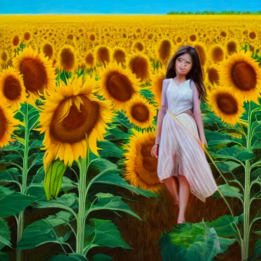 Image similar to a girl in amazing tall sunflower field, her hair flowing down, subtle, intricate details, real masterpiece, oil on canvas, by somsak anong