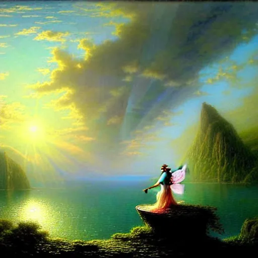 Image similar to an elegant fairy queen in a blue lace dress dancing looking out at a lord of the rings scenery landscape, staring across the sea at a white timber sail boat, sunrise, god's rays highly detailed, vivid colour, soft clouds, floral sunset, cinematic lighting, perfect composition, gustave dore, derek zabrocki, greg rutkowski, belsinski