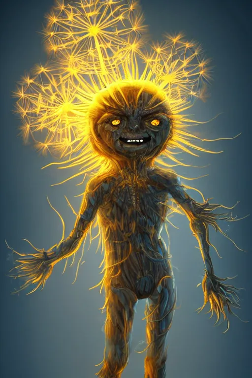 Image similar to a glowing humanoid figure dandelion monster with large glowing eyes, surrounded by elemental flames, highly detailed, digital art, sharp focus, trending on art station, artichoke, anime art style