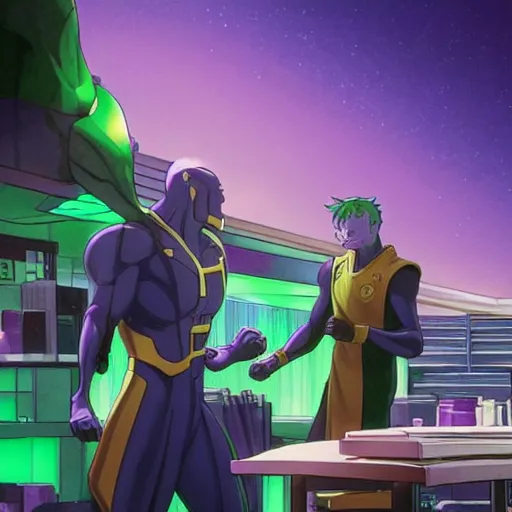 Image similar to thanos working at starbucks but it is a slice of life anime, by hayao miyazaki and yusuke murata and makoto shinkai and ross tran, intricate detail, cinematic, 8 k, cel shaded, unreal engine, featured on artstation, pixiv, anime style