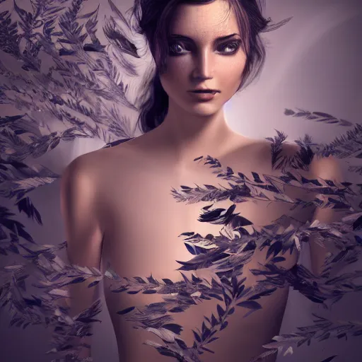 Image similar to a highly detailed digital image of a futuristic elegant woman wrapped with leaves, artstation, extremely detailed woman, stunning volumetric lighting, 4k,