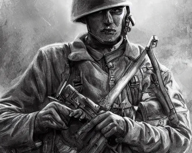 Image similar to A soldier in despair in a world war 1 trench, close-up, black and white, amazing digital art, hyper detailed, artstation, in the style of Tony Sart