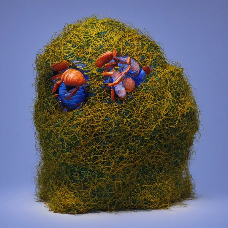 Prompt: hyperrealistic sculpture of a human heart hermit crab dusted with saffron and deep blue and grass green spraypaint in a grid cage on a pedestal by ron mueck and duane hanson and lee bontecou, hyperrealistic dramatic colored lighting trending on artstation 8 k