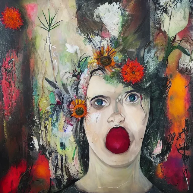 Image similar to “ a portrait in a female art student ’ s apartment, australian wildflowers, sensual, queer woman, flax, flannel flower, bottlebrush, eucalyptus, art supplies, a candle dripping white wax, clay, squashed berries, berry juice drips, acrylic and spray paint and oilstick on canvas, surrealism, neoexpressionism ”