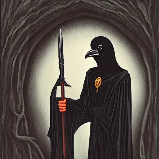 Image similar to portrait of a raven in a vantablack cloak and holding a symbolic weapon. portrait hung up in a windows 9 8 castle. r / oldschoolfantasy