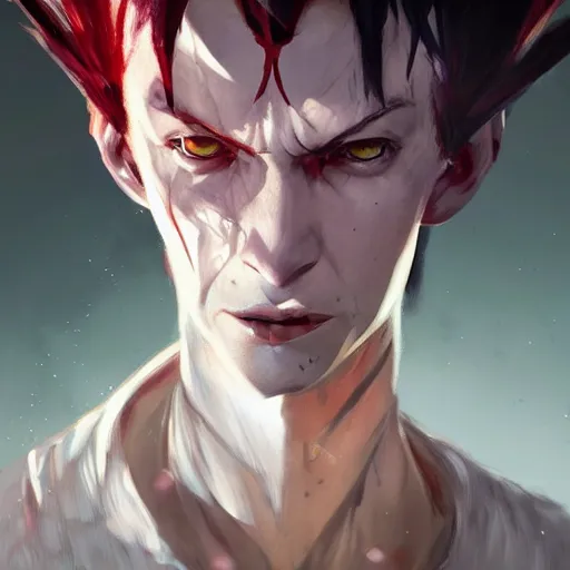 Prompt: beautiful portrait of hisoka morow by greg rutkowski, dishonored 2, realistic anime, hyper realistic