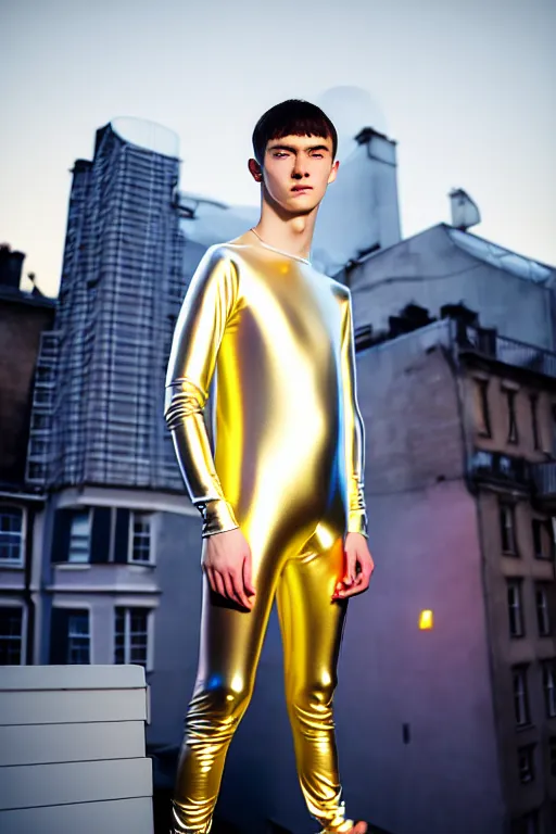 Image similar to un ultra high definition studio quality photographic art portrait of a young man standing on the rooftop of a british apartment building wearing soft baggy inflatable padded silver iridescent pearlescent clothing. three point light. extremely detailed. golden ratio, ray tracing, volumetric light, shallow depth of field. set dressed.