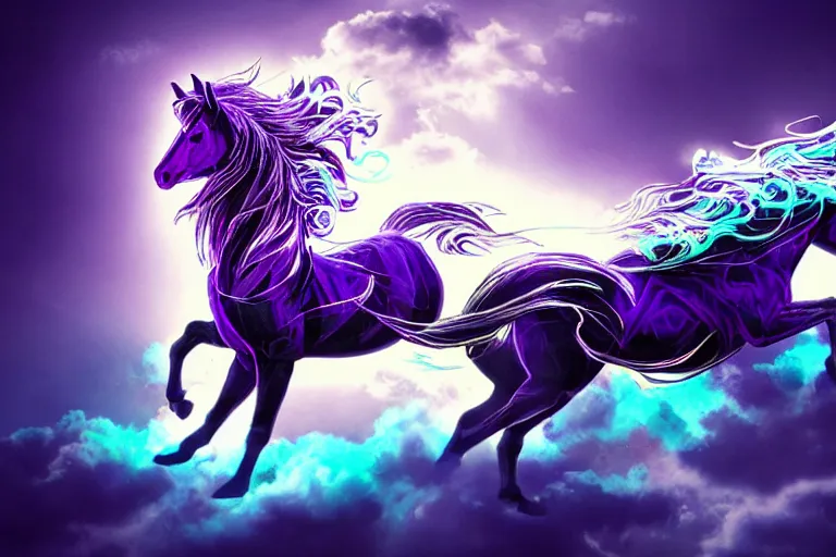 Image similar to a stunning horse with bioluminescent mane and tail running in the clouds by sandra chevrier and greg rutkowski, purple blue color scheme, celtic neon runes, vaporware, retro, outrun, high key lighting, volumetric light, digital art, highly detailed, fine detail, intricate, ornate, complex, octane render, unreal engine, photorealistic