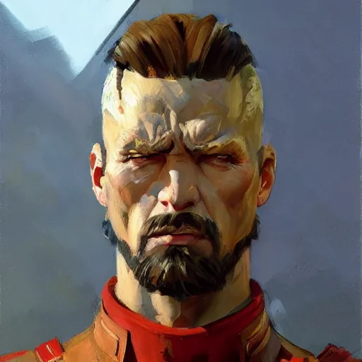 Image similar to greg manchess portrait painting of a soviet russian nuclear supersoldier, medium shot, asymmetrical, profile picture, organic painting, sunny day, matte painting, bold shapes, hard edges, street art, trending on artstation, by huang guangjian, gil elvgren, ruan jia, randy vargas, greg rutkowski