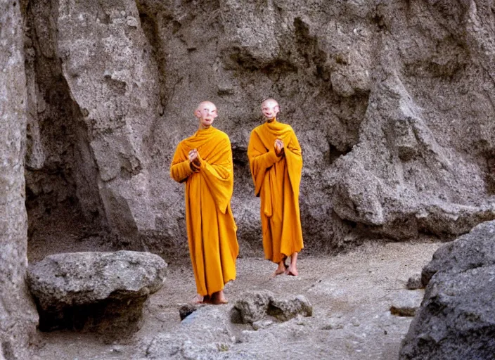Prompt: humanoid alien robed monks sing in a stone monastery kodak vision 2 0 0 t