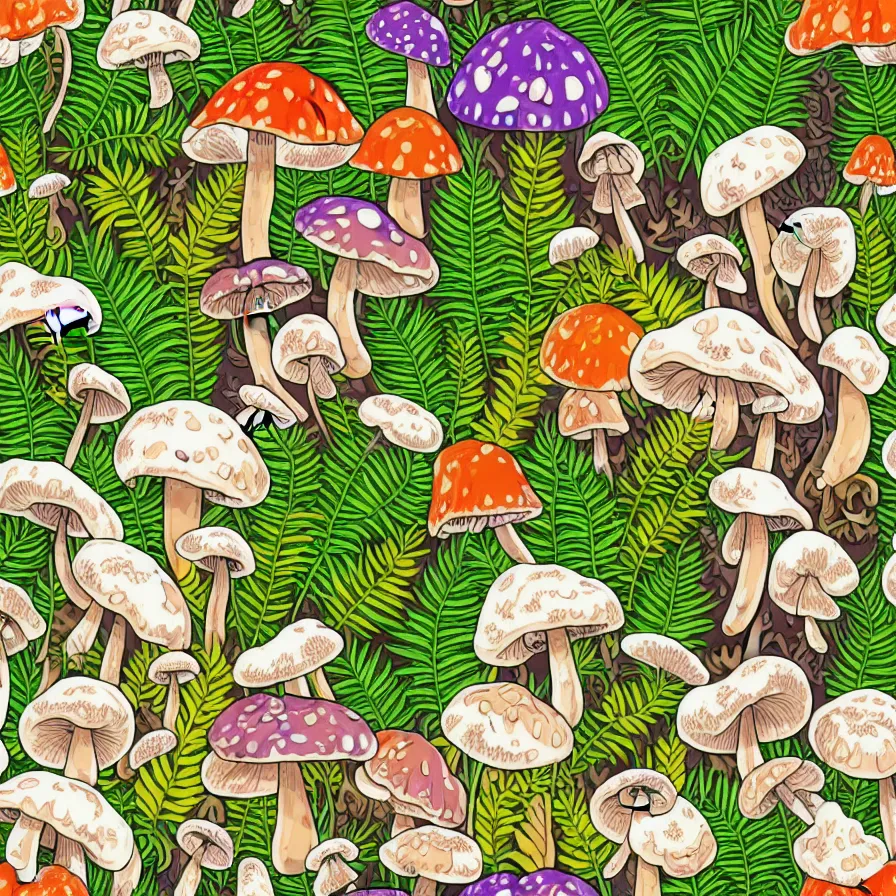 Image similar to plethora of mushrooms and mycelium, vivid natural color hues and natural surroundings, colorful painted patterns and motifs on mushrooms, leaves and ferns, seamless fabric pattern 8K, highly detailed.