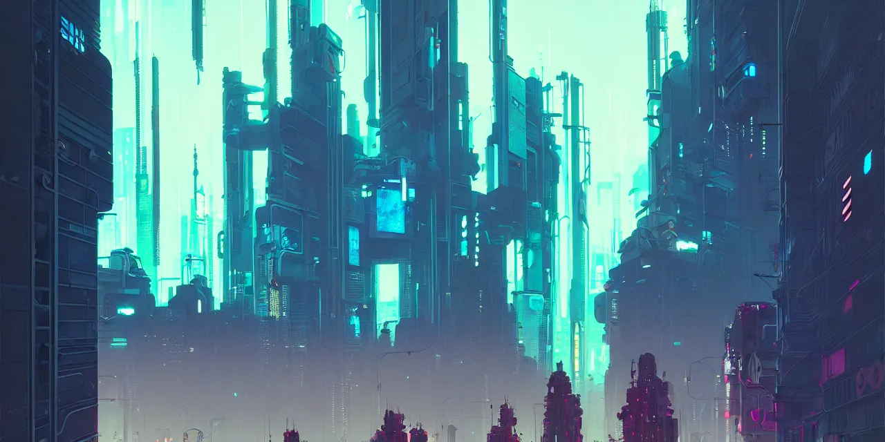 Image similar to cyberpunk synth, hyper - realistic detailed cyberpunk cityscape, by atey ghailan, by greg rutkowski, by greg tocchini, by james gilleard, by joe fenton, by kaethe butcher, dynamic lighting, gradient light blue, brown, blonde cream and white color scheme, grunge aesthetic