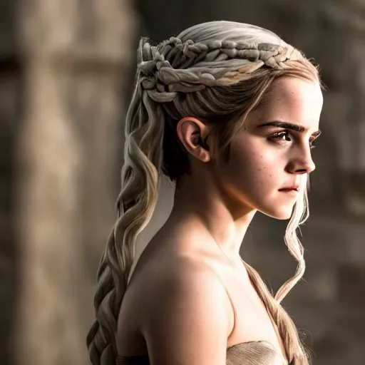 Image similar to Emma Watson as Daenerys Targaryen, XF IQ4, f/1.4, ISO 200, 1/160s, 8K, Sense of Depth, color and contrast corrected, Nvidia AI, Dolby Vision, in-frame