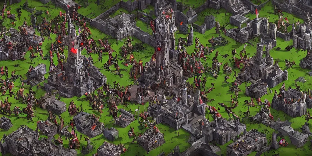 Image similar to Evil mage is standing on top of his tower, raising hands up high and leading his horde of zombies to outer lands. Isometric, high angle, big scale battle map. Highly detailed digital art, unreal engine.