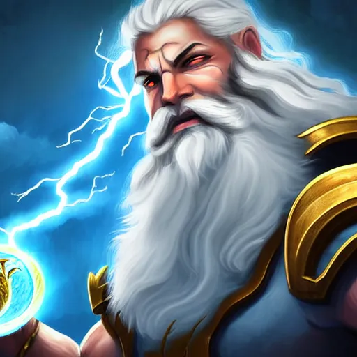 Prompt: zeus with white beard and hair, lightning bolt in zeus's hand, hearthstone art style, epic fantasy style art, fantasy epic digital art, epic fantasy card game art, zoom out