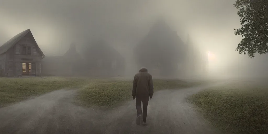 Prompt: a landscape, fog, mist, high wooden house with neon sign, a man with the head of a raven at the door, ultra-realistic