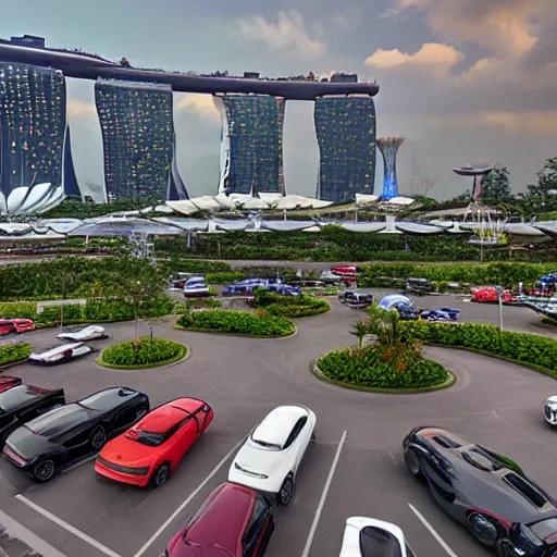 Prompt: large group of cars parking at garden by the bay in Singapore, photorealistic, ultra-detailed, high resolution