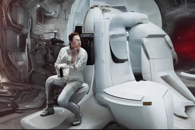 Image similar to hyperrealism aesthetic ridley scott and denis villeneuve style photography of a detailed hyperrealism elon musk, siting on a detailed sci - fi toilet and scrolling his smartphone in hyperrealism scene from detailed art house movie in style of alejandro jodorowsky and wes anderson