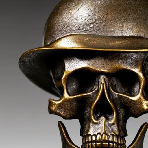 Prompt: skull with a samurai hat old bronze statue, intricate detail, full shot, museum lighting