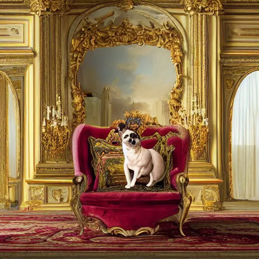 Image similar to 8k highly detailed oil matte painting in the style of Charles Landelle of A French Bulldog Louis XIV, decadent throne room, the other animals prostrate themselves before the throne, French architecture