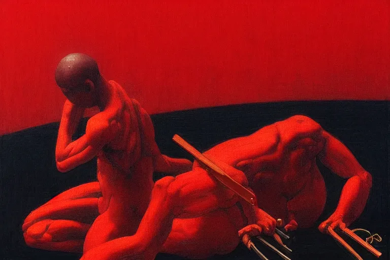 Image similar to only with red, a red samurai do seppuku, tokio, a lot of frogs watch, in the style of beksinski, parts by edward hopper, parts by rodcenko, parts by yue minjun, intricate and epic composition, red by caravaggio, insanely quality, highly detailed, masterpiece, red light, artstation, 4 k