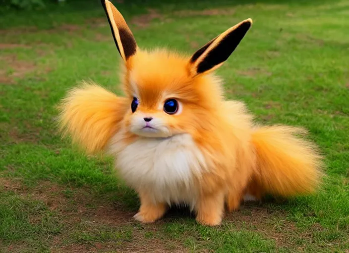 Prompt: real life pokemon eevee, adorable, fluffly, ultra realistic, golden hour, sharp focus