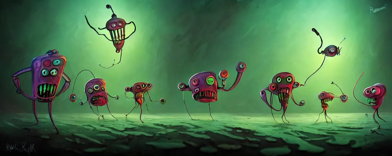 Image similar to wild whimsical plankton mutants from the depths of a wasteland deep in the imaginal realm, dramatic lighting, surreal fleischer cartoon characters, shallow dof, surreal painting by ronny khalil