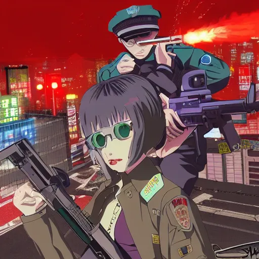 Image similar to 2004 Video Game Screenshot, Anime Neo-tokyo bank robbers vs police shootout, bags of money, Police Shot, Violent, Action, MP5S, FLCL, Highly Detailed, 8k :4 by Katsuhiro Otomo + Studio Gainax + Arc System Works : 8