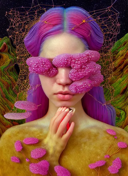 Prompt: hyper detailed 3d render like a Oil painting - kawaii lithe portrait Aurora (gold haired Singer Praying Mantis) seen Eating of the Strangling network of yellowcake aerochrome and milky Fruit and Her delicate Hands hold of gossamer polyp blossoms bring iridescent fungal flowers whose spores black the foolish stars by Jacek Yerka, Mariusz Lewandowski, Houdini algorithmic generative render, Abstract brush strokes, Masterpiece, Edward Hopper and James Gilleard, Zdzislaw Beksinski, Mark Ryden, Wolfgang Lettl, hints of Yayoi Kasuma, octane render, 8k