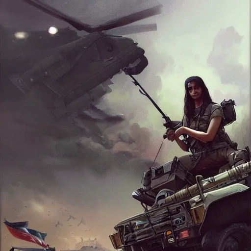 Image similar to A pale young indian woman riding a Humvee from Battlefield 4, very detailed face, gorgeous, beautiful, intricate, highly detailed, digital painting, artstation, concept art, sharp focus, illustration, art by greg rutkowski and alphonse mucha