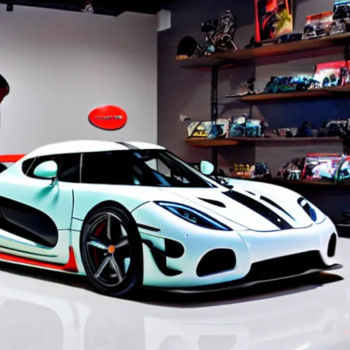 Prompt: a Koenigsegg Agera R with a anime livery in a showroom