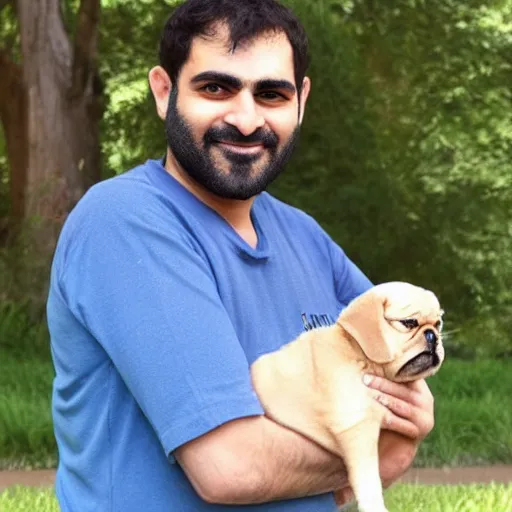 Image similar to a half persian man holding a dog