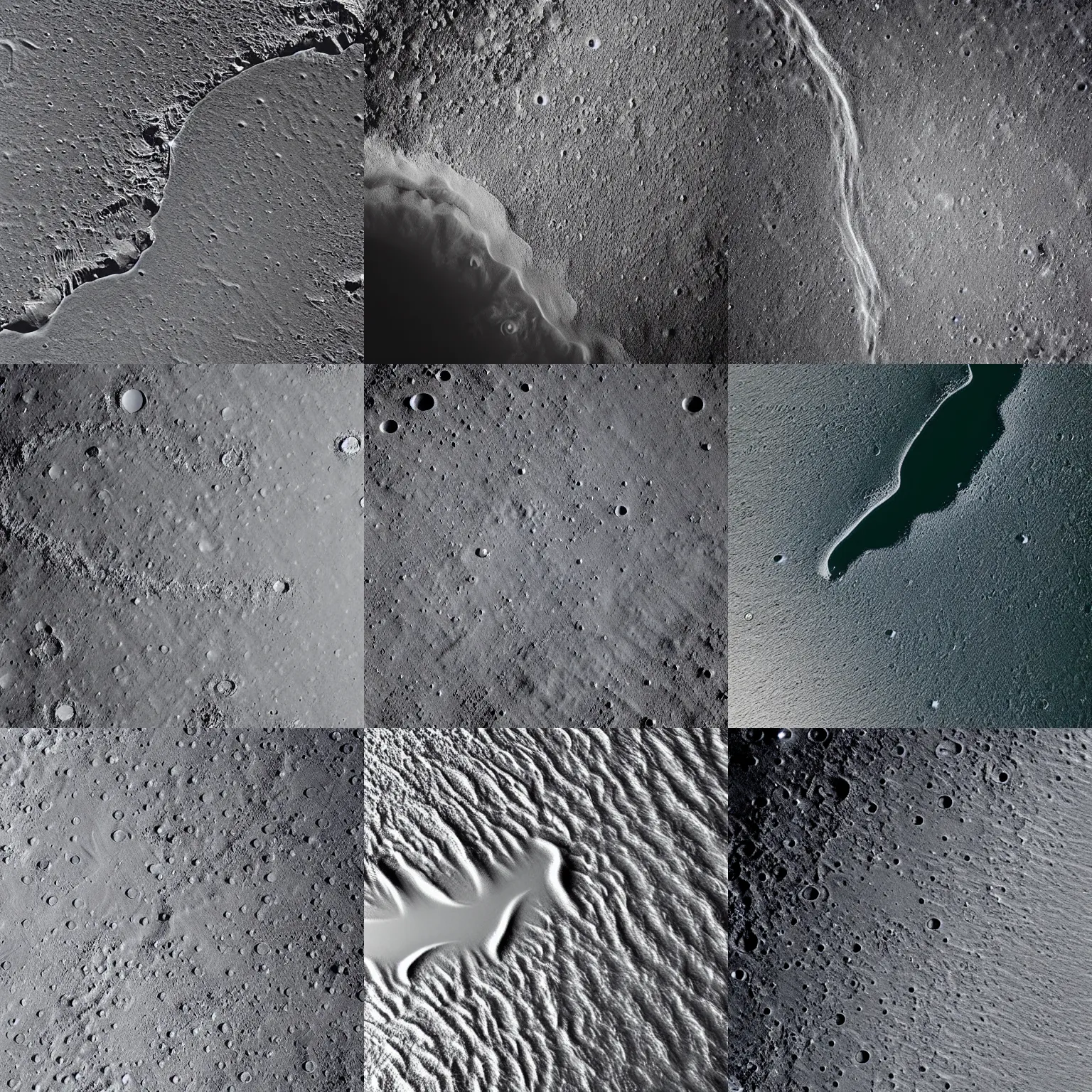 Prompt: Photo of a river running across the surface of the moon, aerial shot