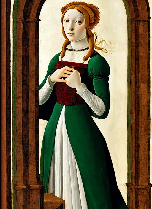 Image similar to portrait of young woman in renaissance dress and hennin, art by sandro botticelli