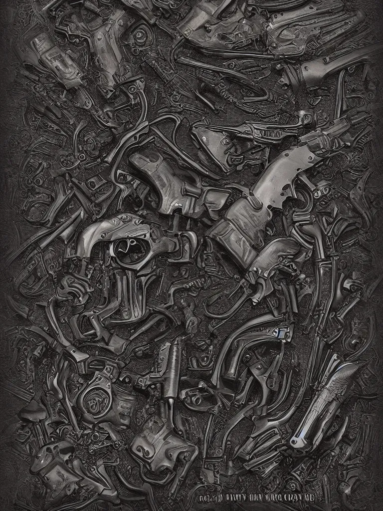 Image similar to carving in dark black steel of machine guns shotguns rifles revolvers bullets, dark vintage paperback cover, ultra-realistic, intricate details, 4k