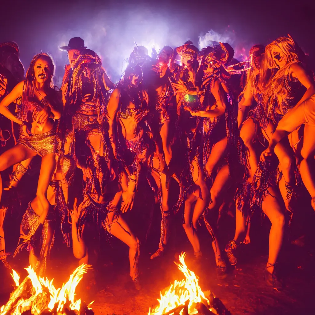 Image similar to portrait of ravers in friendly costumes with detailed faces, dancing around a fire, photorealistic, octane render, dancefloor kismet, diverse costumes, clean composition, desert transition area, bonfire, night, australian desert, zaha hadid, xf iq 4, symmetry, sony a 7 r, 1 5 0 mp, 5 0 mm